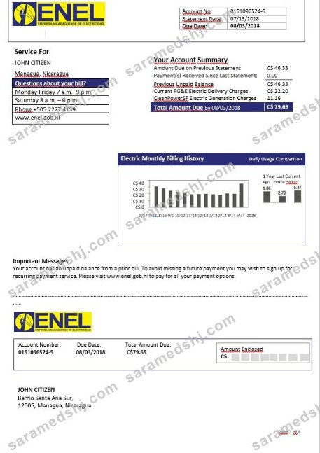 Nicaragua Nicaraguan Electricity Company ENEL electricity bill template in Word format
